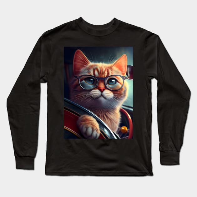 Cute Cat In Car Long Sleeve T-Shirt by Ovation4U